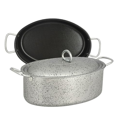 MA MAISON Casseruola Ovale Ø 32 cm Con Coperchio e 2 Manici Antiaderente in Alluminio per Cucinare - Adatta a Gas Vetroceramica e Fornelli Elettrici - Antigraffio + Manici con Foro