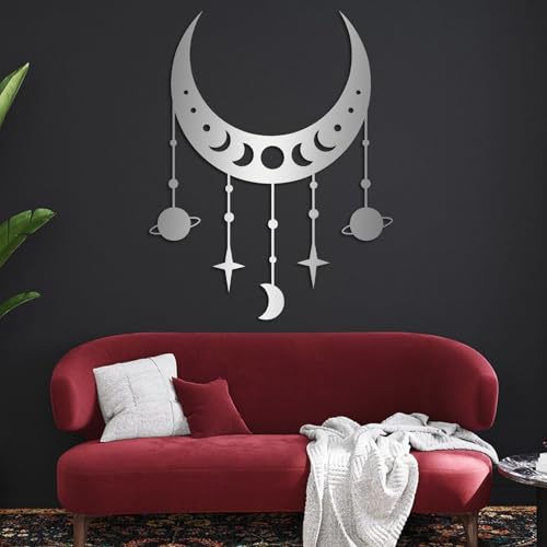 Moon Phase Astrology Metal Wall Art, Celestial Boho Lunar Decor for Living Room or Bedroom, Cosmic Wall Hanging, Spiritual Astrology Wall Sculpture for Home or Office (Silver, 41"x33"|105x83...