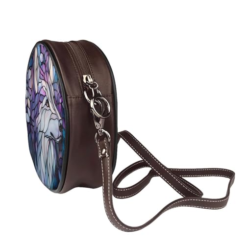Stained Glass Pomsky Floral Art Women Round Crossbody Bags Leather Sling Bag Purse3