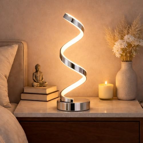 Arcadia Lampada da Comodino LED - Luce Notturna Dimmerabile Bianco Freddo, Naturale e Caldo - Design a Spirale Moderno 3200 Lumen - Abat-jour per Camera da Letto, Scrivania e Salotto (2 x Argento)