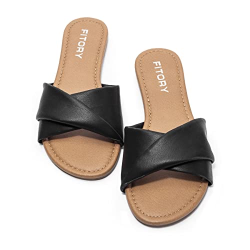 Image of FITORY Women's Flat Sandals Fashion Slides With Soft Leather Slippers for Summer Size 6-11