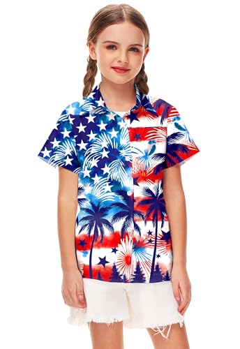 Image of Remimi Unisex Kids 4th of July Button Up Shirt Boys American Flag Print Hawaiian Beach Short Sleeve Tops 5-14 Years