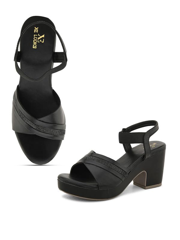 XE Looks Black Fashion Sandals | Faux Leather Comfortable,Trendy and Stylish Block Heel With Ankle Straps | For Wedding Occasion| For Women & Girls (B0D3GZDVBM) Amazon Price History, Amazon Price Tracker