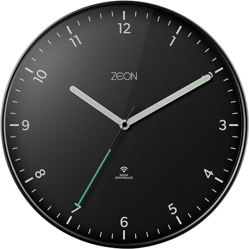 ZEON Round Radio Controlled Analogue Wall Clock for Central European Time Zone (DCF/GMT+1), Easy to Read Black Wall Clock for Living Room, Kitchen, Bedroom & Office, 30cm Diameter, CE4553-DCF