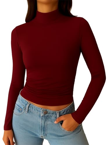 ForeFair Womens Mock Turtleneck Long Sleeve Going Out Tops Ruched Double Lined Tight Basic Tee Shirts(L Burgundy)
