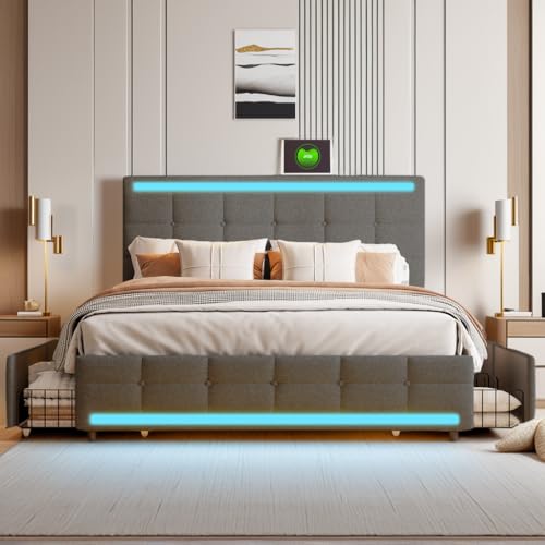 KeepGoon Lit double rembourré 140 x 200 – Structure avec LED, 2 stations de charge USB, 4 tiroirs et sommier à lattes, tête de lit réglable, tissu de lin, gris