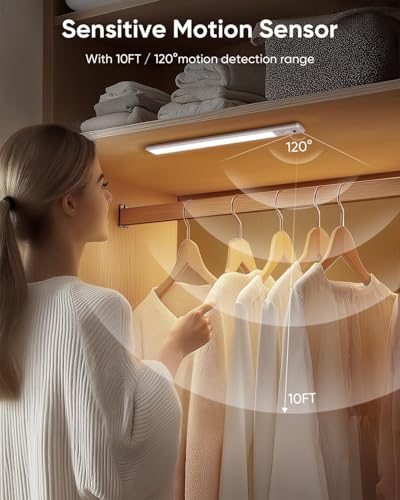 Image of 10inch Under Cabinet Lighting Wireless, LED Rechargeable Motion Sensor Light Indoor, Closet Lights with Remote, 3 Color Temps, Dimmable, Magnetic Under Counter Light for Kitchen, Stair, 4 Pack