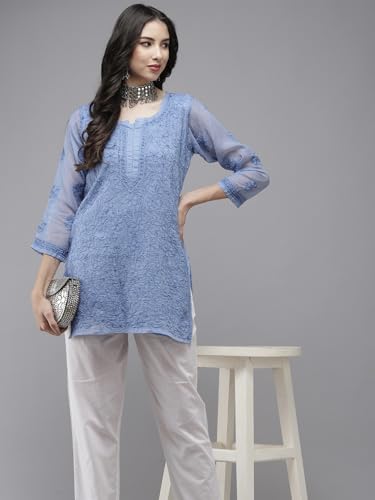 Image of Ada Women's Cotton Blend Regular Fit Tunic Hand Embroidered Lucknowi Chikankari Kota Western Top Kurti With Slip A911184