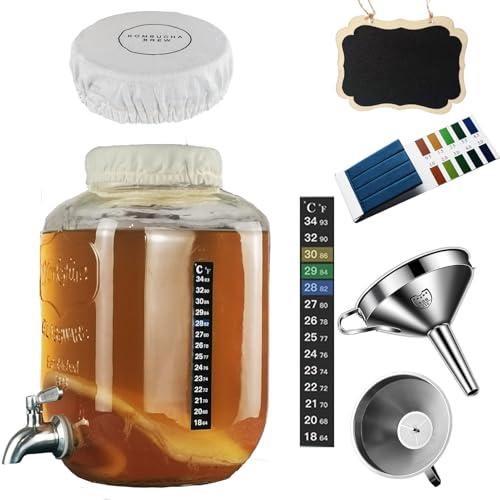 Lomejii Kit De Inicio Para Kombucha Y Jun Bote De Vidrio De 5,0 L Con Grifo, Ideal Para Fermentación Continua. Incluye Tiras De Ph, Termómetro Adhesivo, Funda De Tela Y Embudo Con Filtros