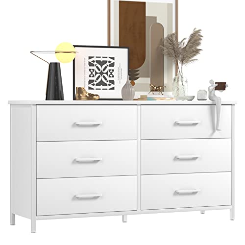 Ikeno 6 Drawer White Dresser, Industrial Wood Dresser For Bedroom, Sturdy Steel Frame #TOP6
