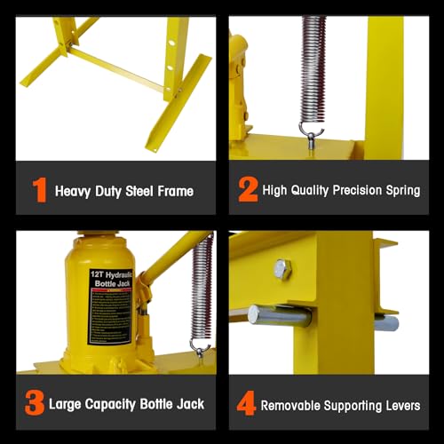 12 Tons Hydraulic Shop Press, Steel H-Frame Garage Floor Press with Press Plates, Adjustable Working Table Height, 23.2”L x 22”W x 52.4”H (Yellow)