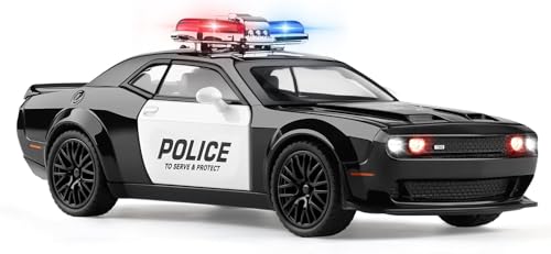 Image of 1:32 Die?Cast Dodge Challenger Hellcat Police Car Toy - Pull?Back, Light & Sound, Openable Doors /Hood /Trunk, Rubber Tires - Boys 3-12 Gift, Black