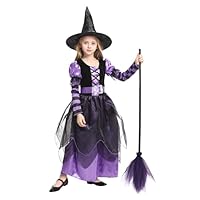 EOZY Kids Witch Halloween Costume Girls Witches Dress Cosplay Witch Outfit with Magic Broom for Carnival Parties
