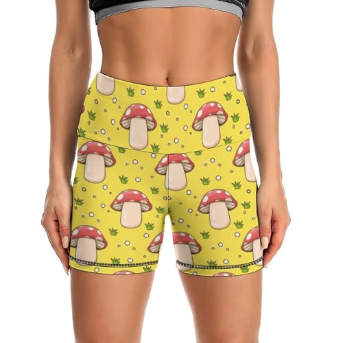 JYYAU Cute Mushrooms and Leaves Pattern High Waist Yoga Shorts for Women Athletic Shorts Leggings Running Pants