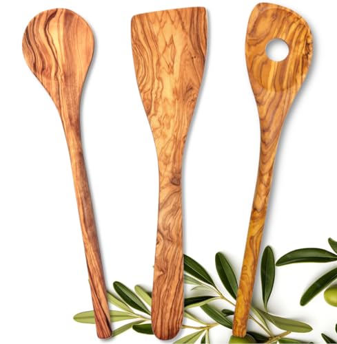 Stilux® Olivenholz 3er Set Küchenhelfer "Karthago" | 30 cm | Pfannenwender, Kochlöffel und Risottolöffel | Küchenutensilien Kochlöffelset Holzlöffel | Hygienisch, hitzebeständig & nachhaltig