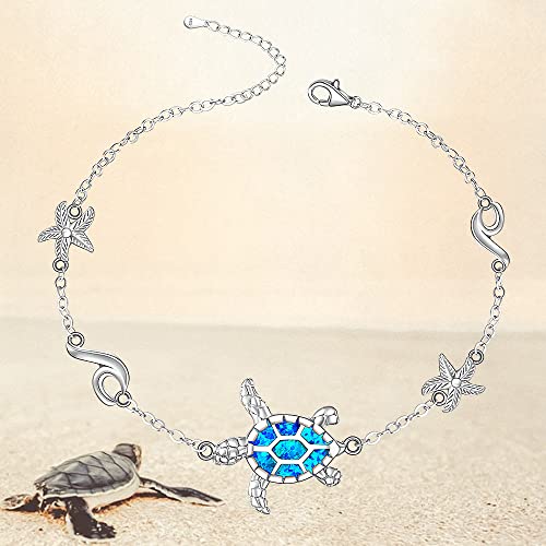 Image of Sea Turtle Ankle Bracelets for Women Blue Opal Sterling Silver Beach Starfish Octopus Conch Ocean Anklets Jewelry Gifts