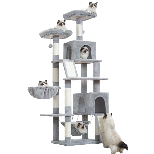 Image of Gitelsnour Cat Tree, 71'' Tower for Large Cat with Scratching Post, GCT032W | 2 Cat Condo House for Indoor Cats Large Adult, 2 Scratching Boards, 7 Posts, 2 Plush Perches, Hammock, Basket, Light Gray