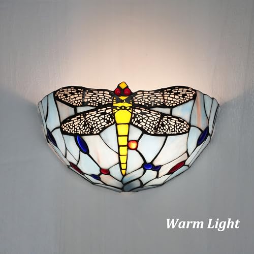Image of Dragonfly Tiffany Style Wall Sconce, Classy Stained Glass Wall Light, Decorative 11.8 Inches Wall Light Fixtures for Hallway Stairway Bedroom Blue Finish (C)