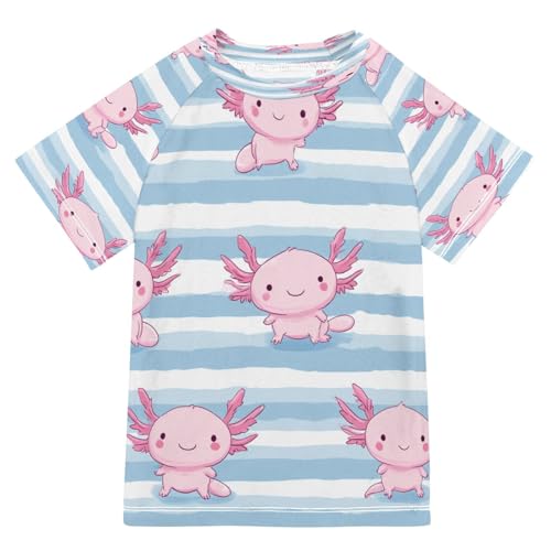 Boys Short Sleeve T-Shirts Blue Axolotl Stripe Rashguard Kids Swim Shirts Sun UPF 50+