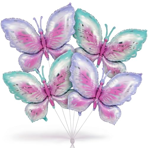 Image of Wanna Party Butterfly Balloons - 4 PCS Pink Purple & Blue Mylar Foil Balloons for Girls Women's Butterfly Theme Party Wedding Birthday Baby Shower Decoration