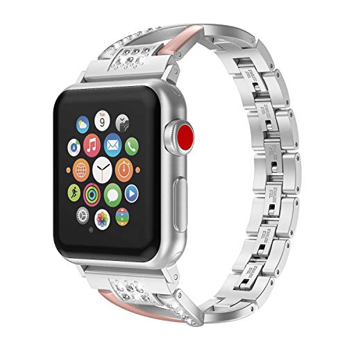 Image of Wearlizer RoseGold Silver Compatible with Apple Watch Band 38 /40 /41 /42mm Women Rhinestone 2-Tone Stainless Bling X-Link Wristband Sleek Bracelet for iWatch Series 11 10 9 8 7 6 5 4 3 SE /Ultra 3 2 1