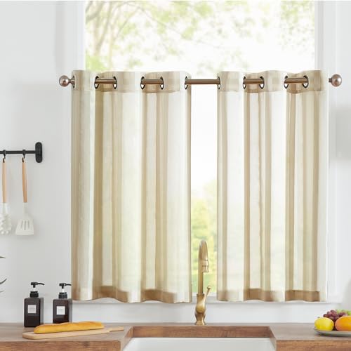 Vangao Voile Scheibengardinen Modern mit Ösen Streifen Transparent Beige...