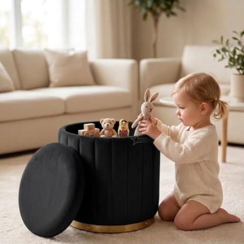Image of Superior Round Storage Ottoman Stool 13 X 13X 16 inch, with Gold Metal Base | Elegant Pouffe with Secret Storage | Cushioned Footrest for Living Room, Bedroom, and Lounge Black