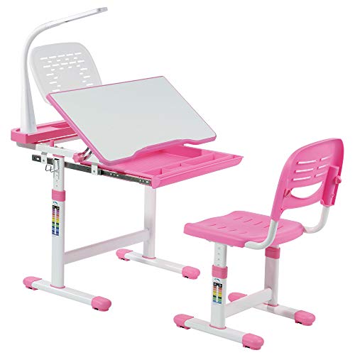 Get Special Price Mount-It! Height Adjustable Kids Desk and Chair Set  Height Adjustable Ergonomic Children's School Workstation with LED Lamp and Bookholder, Storage Drawer, Pink