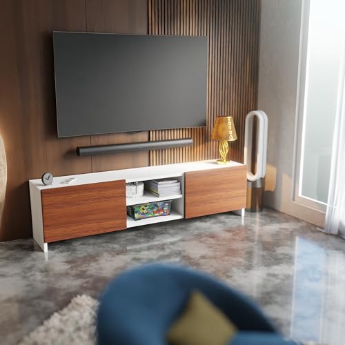 Image of Modern Living Room TV Stand with Open Display Compartment, Dual Side Storage Units, and Clean Contemporary Design for Home Decor | Assembly-DIY | Color-White & Cherry Pine