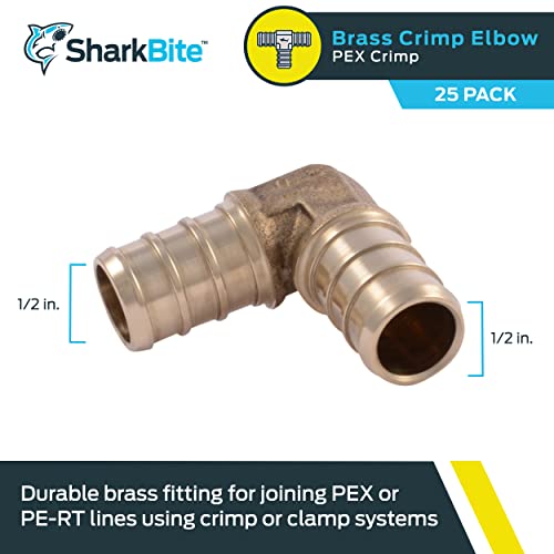 SharkBite 1/2 Inch Crimp 90 Degree Elbow, Pack of 25, Brass Plumbing Fitting, PEX Pipe, PE-RT, UC248LF