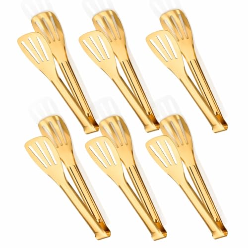 Gold Serving Tongs Kitchen Tongs,Buffet Tongs,JXHAPY Stainless Steel Gold Plated Food Tong Salad Tongs Serving Tong,small tongs 6 Pack (7 Inch)