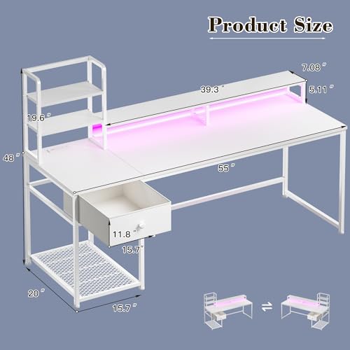 Image of 55 Inch White Computer Desk with Drawers and Hutch,Reversible Home Office Desk with Monitor Shelf,Gaming Desks with USB Power Outlets&Storage,Writing Study Table for Bedroom with LED Lights,White