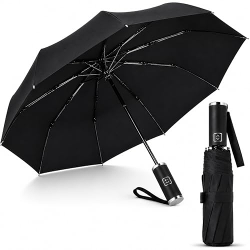 SHOPPOSTREET Umbrella for Women,Folding Umbrella Windproof 10 Ribs Travel Umbrella with Premium Handle Compact Auto Open Close for Men & Women (BLACK)