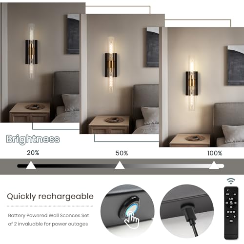 Image of Wall Sconce Set of Two, Battery Operated Wall Sconce, Rechargeable Wall Lamp with Remote, Indoor Non-Hardwired Wall Sconces, Modern Vanity Light for Bedroom, Hallway, Aisle