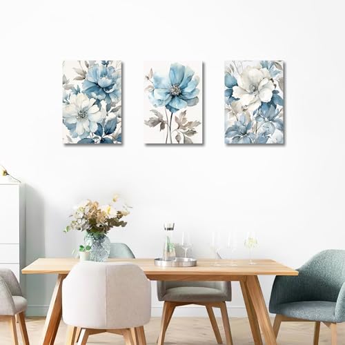 FajerminArt 3 Pcs Modern Floral Blossom Canvas Wall Art Grey and Blue Flowers Ink Pictures Canvas Print Paintings for Living Room Bedroom Office Ready To Hang Stretched On Frame 30x40cmx3 Pcs - Image 3