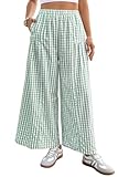 EVALESS Womens Wide Leg Palazzo Pants Elastic High Waisted Flowy Cotton Plaid Gingham Culottes Spring Summer Baggy Slacks Trousers Casual Travel Vacation Outfits Green Medium