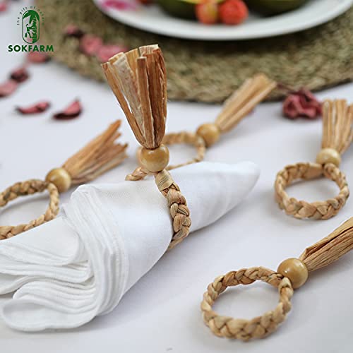 12Pcs Round Woven Napkin Ring, Water Hyacinth Napkins Rings, Rustic Napkin Rings, Handmade Braided Grass And Bead Napkin Ring, Farmhouse Napkin Rings, Spring Napkin Rings, Napkin Holder Set Of 12 #TOP6
