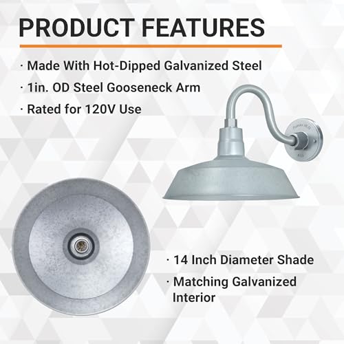 Image of 14in. Galvanized Finish Outdoor Gooseneck Barn Light Fixture with 10in. Long Extension Arm - Wall Sconce Farmhouse, Vintage, Antique Style - UL Listed - 9W 900lm A19 LED Bulb (5000K Cool White)