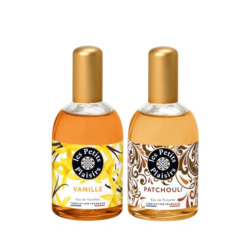 Les Petits Plaisirs - Lot Eau de toilette Vanille + Eau de toilette Patchouli. Duo de parfums envoûtants. Coffret cadeaux. Made in France, 110ml
