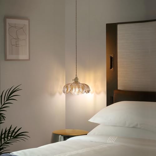 Image of Shenmoyl Pendant Light with Amber Scindapsus Glass Lmapshade, Brass Vintage Pendant Light Adjustable Hanging Light for Kitchen Island Dining Room Hallway