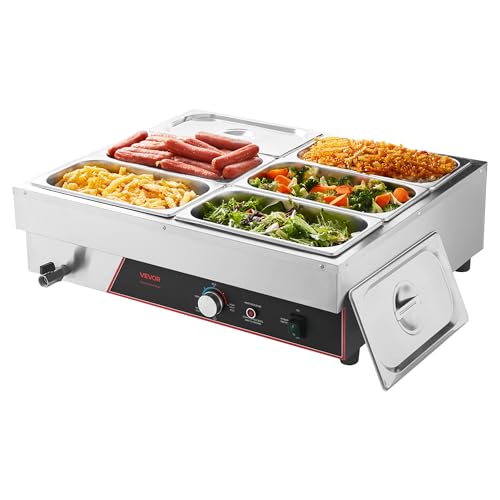 VEVOR Chauffe-Plat Électrique à Vapeur 1500 W, Buffet Chauffant en INOX, Bain-Marie de Comptoir, avec 6 Bacs Gastros de 1/3 et Couvercle, pour Servir Buffet en...