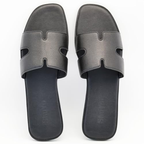 Image of Women's Flat Sandals, Ladies Leather Slippers, Comfy Dressy Slip on Shoes Elegant Slides Summer Fall Spring Cute Open Toe Casual Footwear