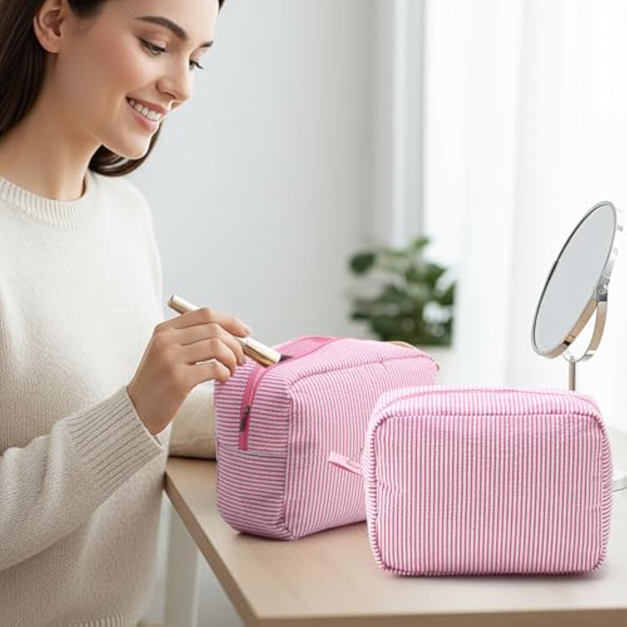Pack Seersucker Makeup Bags for Women, Striped Pink