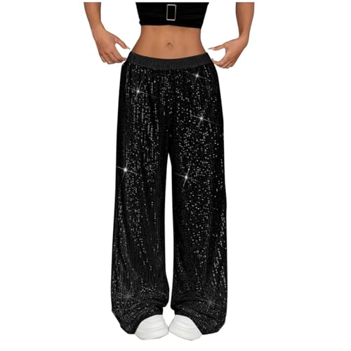 Glitzer Hose Damen Pailletten Hose Lange High Waist Einfarbig Pailettenhose Weites Bein Freizeithose Glitzerhose Disco Karneval Kostüm (DE/NL/SE/PL Alphanumerisch M Regular Regular Schwarz)