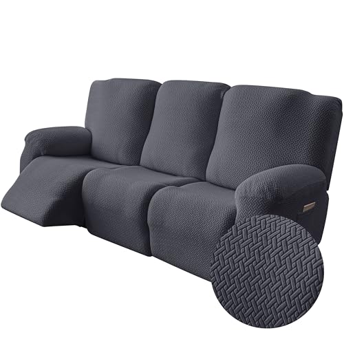 Image of Genina Recliner Sofa Covers - Stretch Reclining Couch Covers with Stripe Jacquard - 3 Seat Cushion Slipcovers with Soft Fabric - Furniture Protector for Pet Kid (Dark Gray)