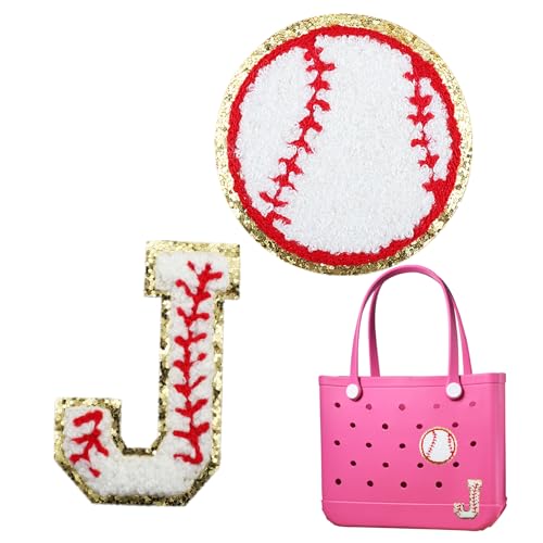 Druibof 2PCS Baseball Embroidered Initial Glitter Charms For BOGG BAG Accessories For Beach Tote Bags Decor (J)
