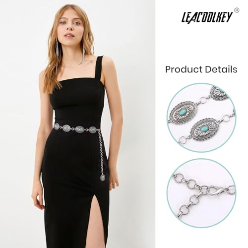 Image of LEACOOLKEY Women Turquoise Concho Chain Waist Belt Silver Western Cowgirl Metal Chain Belt for Dress Adjustable