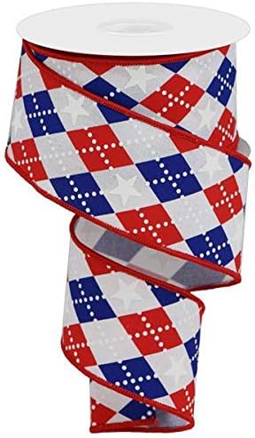 Argyle Stars Wired Edge Ribbon - 10 Yards (White, 2.5)