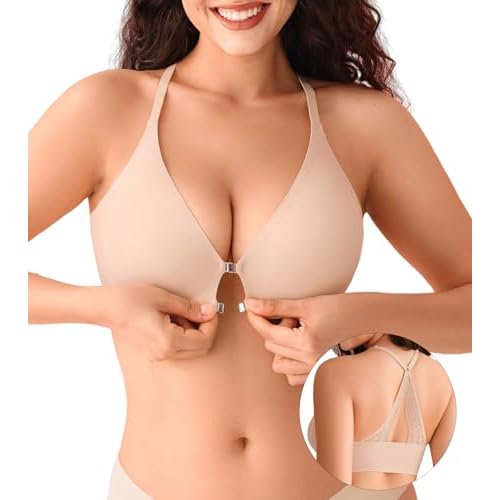 DEANGELMON Front Closure Bras for Women Wireless Jelly Padded Racerback Bralett Low Cut T-Shirts Bra X-Large Lace Racerback-skin