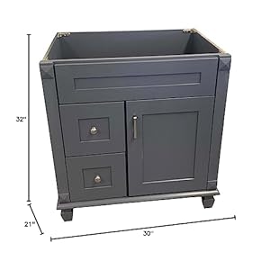 30inch Wide x 21inch Deep New Grey Shaker Single Sink Bathroom Vanity Base Cabinet NLG V3021DL Left Side Drawers